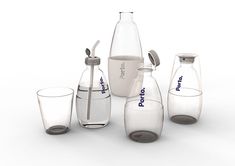 an assortment of water bottles and glasses on a white background with the word pronto written in blue