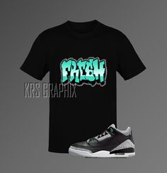 Rock the freshest style with the Jordan 3 Green Glow inspired T-Shirt! 🔥 Made from a soft and lightweight cotton blend, this t-shirt is comfortable and flattering for both men and women. The FRESH graffiti style graphics on this t-shirt are inspired by the iconic Jordan 3 Green Glow colorway, making it a must-have for any sneakerhead. This t-shirt is made from a combination of 100% combed and ring-spun cotton, polyester, and pre-shrunk fabric. It features shoulder-to-shoulder taping and side-se Tri-blend Graphic T-shirt For Streetwear, Urban Tri-blend T-shirt For Streetwear, Trendy Green Graffiti Print T-shirt, Cool Relaxed Fit T-shirt For Streetwear, Tri-blend T-shirt For Streetwear In Summer, Cool Graphic Design T-shirt For Streetwear, Hip Hop Green T-shirt With Graphic Design, Green Hip Hop T-shirt With Graphic Design, Green Graphic Design Hip Hop T-shirt