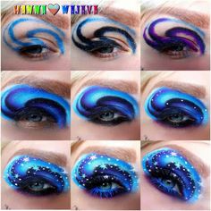 Galaxy tutorial Faces Painting, Makeup Zombie, Galaxy Makeup, Awesome Makeup, Younique Beauty, Drawing Eyes, Bengali Bride, Glitter Eye Makeup, Eye Makeup Pictures