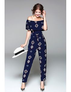 $14.13 - Women's Going out Casual Jumpsuit - Art Deco, Print High Rise Boat Neck 6024381 2018. Shop for cheap Women's Jumpsuits & Rompers online? Buy at lightinthebox.com on sale today! Long Sleeve Ideas, Holiday Jumpsuit, Slim Jumpsuit, Rompers Online, Design Moda, Blue Jumpsuit, Blue Jumpsuits, Holiday Weekend