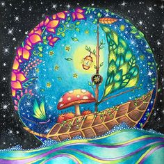 a painting of a boat floating on top of the ocean with mushrooms and stars around it