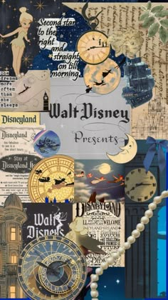 the collage is made up of many different pictures and words, including an image of a clock