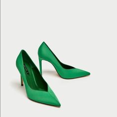 Zara Green Heels. Size 37 Us 6.5. Brand New Dr Shoes, Zara Heels, Colorful Heels, Green Heels, Heels Online, Satin Pumps, Green Shoes, John Galliano, Zara Shoes