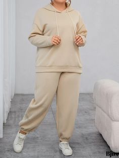 Bjux - Premium Plus Size Womens Sportswear Set: Solid Drop Shoulder Long Sleeve Hoodie & Joggers - Stylish and Comfortable 2-Piece Outfit Plus Size Sporty Outfits, Jogger Outfit, Drawstring Sleeve, Womens Sportswear, Lash Sets, Drop Shoulder Hoodie, Joggers Outfit, Sporty Outfits, Drawstring Hoodie