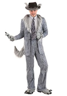 a man in a suit and hat is dressed up as a wolf with his hands out