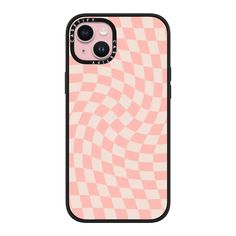 an iphone case with pink and white checkerboard pattern on the back, showing the camera