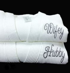 "Get it fast! Ready to ship in 1-3 business days. Wifey, Hubby, Cotton Anniversary Gift, Monogram Robes, Anniversary Gift for her, Anniversary Gift for him, 1902 Comfortable waffle weave robes (set of 2 robes) perfect for any climate. Robes will be personalized with an embroidered Wifey and Hubby in your choice of thread colors. Monogram shown in Dark Grey, colors could vary slightly as each monitor is a little different. ROBE DETAILS: * Light Weight High Quality Robe for Men and Women * Made of Cotton Anniversary Gifts For Him, Personalized Bathrobe, Monogram Robes, Couples Monogram, Cotton Anniversary Gifts, Cotton Anniversary, Dressing Gowns, Wedding Gifts For Couples, Cotton Gifts