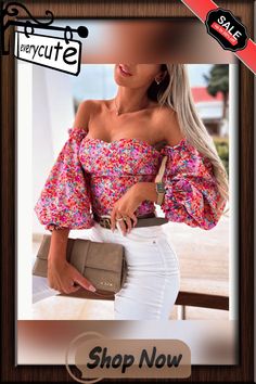 Floral Print Off Shoulder Puff Sleeves Tops Chic Off-shoulder Puff Sleeve Top For Summer, Puff Sleeves Tops, Off-shoulder Floral Print Crop Top For Spring, Elegant Off-shoulder Floral Print Tops, Summer Floral Print Off-shoulder Top, Casual Floral Print Off-shoulder Top, Tops Long Sleeve, Women Tops, Puff Sleeves