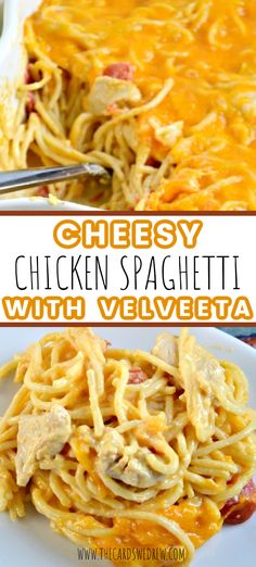 cheesy chicken spaghetti with velveeta is an easy dinner recipe that's ready in under 30 minutes