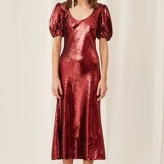 Spend Your Next Big Night In This Keepsake Dress, A Party-Ready Style With Shimmery Sequins And Rich Color. A Scoop Neckline Adds Subtle Allure To This Silhouette. Fabric: Heavyweight, Non-Stretch Sequined Mesh Scoop Neck And Puff Sleeves With Elastic Cuffs Midi Length Hidden Zip At Back Shell: 100% Polyester Lining: 97% Polyester/3% Elastane Dry Clean Imported, China Fitted Midi Dress For Festive Occasions, Festive Midi Length Evening Dress For Party, Festive Midi Length Party Evening Dress, Festive Midi Dress For Evening, Fitted V-neck Midi Dress For Festive Occasions, Festive Sequined Midi Dress, Holiday Party Midi Dress With Short Sleeves, Fitted Midi Dress For Christmas, Glamorous Festive Cocktail Midi Dress