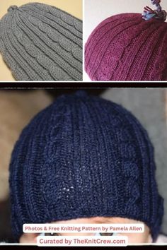 three different knitted hats are shown in four different colors