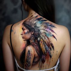 the back of a woman's body with tattoos on her chest and headdress