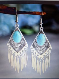 Turquoise Fringe Earrings, Southwestern / Bohemian style Earrings. Southwestern Style Blue Earrings For Festivals, Southwestern Style Blue Festival Earrings, Bohemian Turquoise Dangle Earrings, Southwestern Turquoise Earrings For Festival, Southwestern Style Turquoise Earrings For Festival, Bohemian Turquoise Chandelier Drop Earrings, Bohemian Turquoise Chandelier Earrings For Festivals, Nickel-free Southwestern Style Festival Earrings, Southwestern Style Drop Earrings