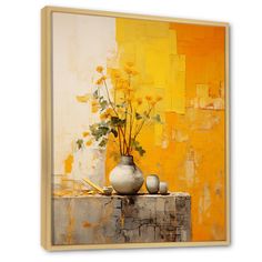 a painting with yellow and white flowers in a vase on a table next to an orange wall