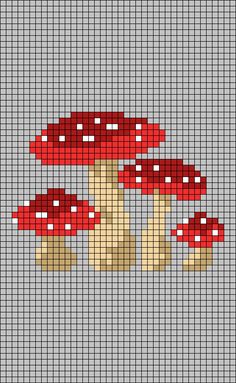 three red mushrooms on a gray background in pixell style, each with different colors and sizes