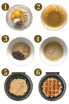 the steps to making waffles are shown in different bowls and on top of each other