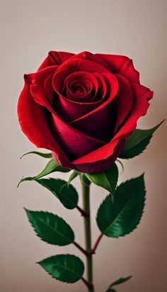 a single red rose with green leaves in a vase