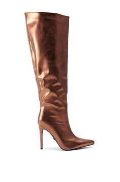 Sweeten your look with The AZALEA WANG Carmelized Brown Boot. Crafted from a supple faux leather upper, these knee-high boots feature a pointed toe, a slim, sexy stiletto heel, a shining metallic finish, and a pull-on fit. Style them with a midi skirt, sweater, and a trench coat for a fab fall ‘fit.  - PU Upper- Pointed Toe- Stiletto Heel- Knee-High Shaft- No Stretch- Imported (all measurements approximate from size 7.5) - 4.5” Heel Height- 19” Shaft Height - 19” Shaft Opening Circumference- 12” Calf CircumferenceProduct ID: 437291 Copper Boots, Midi Skirt Sweater, Skirt Sweater, Azalea Wang, Fall Fit, Fit Style, Brown Boots, Stiletto Heel, Knee High Boots