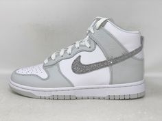 Nike Dunk High 'Silver Glitter Swoosh' White Sneakers, Size 7.5 BNIB FJ4578-100 Brand new in box. Box lid is missing. Shoes are unworn, pristine condition. Size 7.5 If you need item sooner ask about expedited shipping Silver High-top Sneakers For Streetwear, Sporty Glitter Sneakers For Streetwear, Casual Metallic Silver Sneakers For Streetwear, Casual Low-top Sparkling Sneakers, Casual Glitter Sneakers For Streetwear, Silver Sneakers For Streetwear With Speckled Midsole, Silver Sneakers With Speckled Midsole For Streetwear, Sporty High-top Glitter Sneakers, Sporty Sparkling Low-top Sneakers