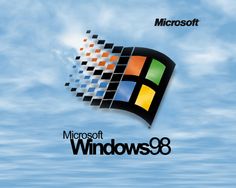 the logo for microsoft windows 98 on a blue sky with clouds in the back ground