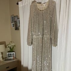 Just Tried On But Never Worn. Beautiful Dress With Open Back. Perfect For Formal Party. Cream Long Sleeve Maxi Dress For Party, H&m Fitted Long Sleeve Maxi Dress, H&m Sequin Dresses For Spring, H&m Spring Dresses With Sequins, Elegant Cream Dress By H&m, Elegant H&m Wedding Dress, Fitted Sequin Dresses From H&m, Fitted H&m Dresses With Sequins, H&m Sequin Dresses For Party Season