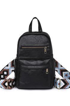 Black backpack cross body purse with blue, black, white and tan straps purse Black Anti-theft Crossbody Backpack, Black Backpack With Gold-tone Hardware For Travel, Black Backpack With Gold-tone Hardware For On-the-go, Black Backpack With Leather Handles For On-the-go, Black Backpack With Adjustable Straps For On-the-go, Mobile Device, Black Backpack, Purses Crossbody, Backpacks