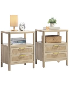 two end tables with baskets on each side and a lamp next to them, both made out of wood