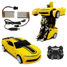 a yellow toy car with remote controls and accessories