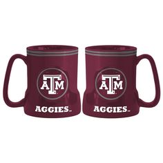 two maroon coffee mugs with texas a & m aggies on the front and back