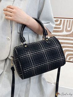 BirdinBag - Chic Geometric Quilted Boston Handbag Black Square Satchel For Office, Black Baguette Bag For Travel In Fall, Black Rectangular Baguette Bag For Fall, Rectangular Black Shoulder Bag For Fall, Black Rectangular Shoulder Bag For Fall, Black Satchel Baguette Bag For Fall, Black Square Satchel With Top Carry Handle, Fall Black Satchel Baguette Bag, Black Casual Box Bag