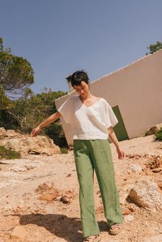 Green Linen Loungewear Tops, Green Linen Tops For Loungewear, Effortless Summer Loungewear Blouse, Breezy Linen Bottoms With Relaxed Fit, Breezy Relaxed Fit Top For Loungewear, Versatile Linen Tops For Vacation, Breezy Tops With Relaxed Fit For Loungewear, Chic Linen Tops With Relaxed Fit, Chic Relaxed Fit Linen Tops