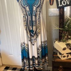 This Gorgeous Dress Is Super Comfortable And Can Be Very Versatile. Ornate Design Can Be Dressed Up Or Be Casual. Blue Fitted Sleeveless Bohemian Dress, Fitted Blue Bohemian Sleeveless Dress, White Bohemian Midi Sleeveless Dress, White Bohemian Sleeveless Maxi Dress, Fitted White Bohemian Sleeveless Dress, White Fitted Bohemian Sleeveless Dress, Strapless Sheath Dress, Off Shoulder Floral Dress, Strapless Sundress