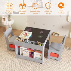 a child's table and chairs with books on them