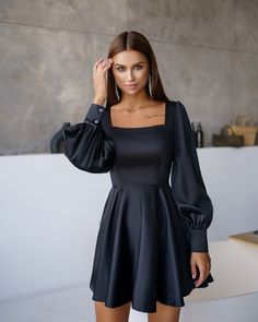 Fabric: High-quality satin Viscose 35%, Polyester 35%, Cotton 20% Nylon 10% Mini length Long sleeve Dress length 85cm/ 33,4in Sleeves length 68cm/ 26,7in Skirt length 45cm/ 17,7in Graduation Dresses With Sleeves, Black Dress With Long Sleeves, Black Long Sleeve Mini Dress, Long Sleeve Cocktail Dress, Satin Long Sleeve, Dress Satin, Long Sleeve Mini, Bat Mitzvah, Long Sleeve Mini Dress