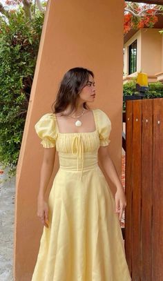 Pretty Casual Dresses Long, Graduation Party Dresses Casual, Sunny Dress Summer Outfits, Yellow Milkmaid Dress, Flower Sun Dress, Summer Dress Inspo 2024, How To Style Yellow Skirt, Sun Dresses With Sleeves, Birthday Girl Dress Women