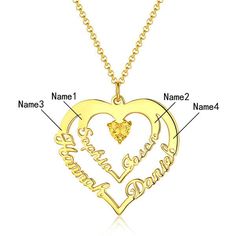 This classic heart necklace can be engraved with four names of your love, keeping the them closely to your heart, with and one stunning birthstone crystal exquisitely crafted in the central. Show your love for your best friend or lover with this delicate piece. For promise of always and forever. Birthstone material is Cubic Zirconia Up to 8 characters each name. Item specifics: Style Name Necklace/Love Necklace Pendant Size Width* Height:30X29MM(1.18X1.14INCH), Thickness: 1.2MM(0.047INCH), Birth Engraved Birthstone Necklace For Valentine's Day, Valentine's Day Engraved Birthstone Necklace, Elegant Personalized Heart Cut Birthstone Necklace, Elegant Personalized Birthstone Necklace With Heart Cut, Engraved Heart-shaped Gold Birthstone Necklace, Personalized Heart Cut Jewelry For Anniversary, Valentine's Day Engraved Heart Pendant Birthstone Necklace, Gold Engraved Heart Birthstone Necklace, Personalized Heart Cut Jewelry For Anniversary Gift