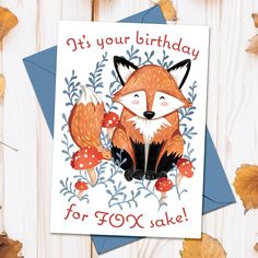 a birthday card with an image of a fox and mushrooms