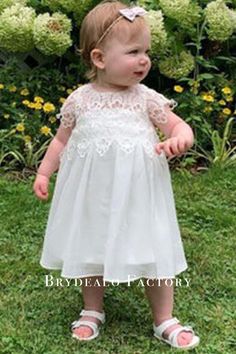 Toddler Dress | White Lace Short Sleeves Tea Length Little Kids Gown