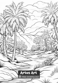 a tropical landscape with palm trees, water and mountains in black and white coloring book page