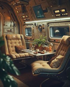 the interior of an airplane with two recliners and a table in front of it