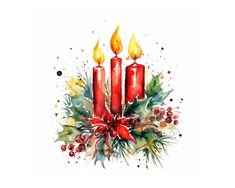 watercolor painting of three candles with holly and red ribbon on white background, christmas decoration