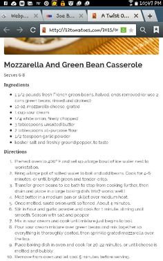 the menu for mozzarella and green bean casserole is shown in this screenshot