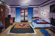 a cartoon bedroom with two beds and a desk