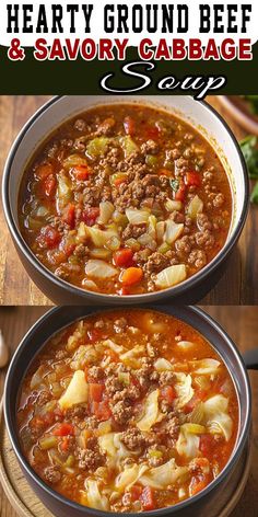 Make this easy Ground Beef and Cabbage Soup for a warm and satisfying meal! 🥬 Packed with flavor and nutrition, it’s a family favorite. #CabbageSoup #HealthyRecipes #QuickMeals #BeefSoup #CozyFood Allrecipes Cabbage Beef Soup, Cabbage Taco Soup, Hearty Cabbage Soup Recipe, Cabbage Soup With Kidney Beans, Soup With Cabbage And Ground Beef, Cabbage And Ground Beef Skillet, Cabbage Patch Soup Ground Beef, Ground Chicken Cabbage Soup, Cabbage Soup With Rice