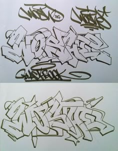 two pictures of graffiti written in black and white, each with different letters on it