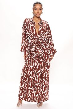 Available In Brown/combo And Green/combo. Printed Maxi Dress Collar Long Sleeves Button Front Tie Front No Stretch Dress Length = 57.5 100% Polyester Imported | Safari Vibes Maxi Dress in Brown size 3X by Fashion Nova Modest Plus Size Fashion, Brunch Outfits, Plus Size Mini Dresses, African Print Dress Designs, Midi Dress Plus Size, Dress Collar, Plus Size Romper, Effortlessly Chic Outfits, Navy Midi Dress