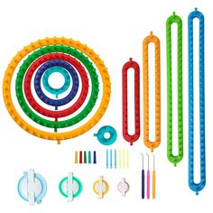 an assortment of colorful toys and accessories for children to play with on the white background