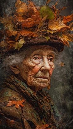 an old woman with leaves on her head is shown in this artistic photo by person