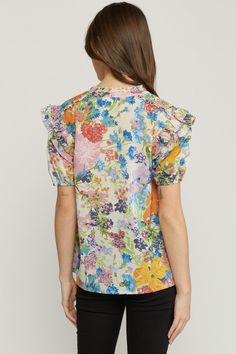 This top has a floral pattern that you will love! Its simple & comfy fit make it so easy to style for work or play! This top features a V-neckline with a self tie closure at the neck, short sleeves with elastic, smocking on the shoulders, ruffle detailing on the shoulders, neck & sleeves, has a soft & silky fabric and an a-line silhouette. We like it paired with a denim jacket for a casual look or a leather jacket for an edgier vibe. Small Bust 38" Length 25" : Medium Bust 40" Length 25" Large B Spring Floral Print Tops With Flutter Sleeve, Summer Top With Floral Print And Ruffle Sleeves, Feminine Floral Print Blouse With Flutter Sleeves, Printed Short Sleeve Tops For Brunch, Spring Floral Print Flutter Sleeve Blouse, Floral Print Flutter Sleeve Tops For Brunch, Flutter Sleeve Floral Print Top For Brunch, Casual Floral Print Short Sleeve Top For Summer, Feminine Floral Print Tops With Flutter Sleeves