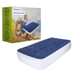 an inflatable mattress is shown next to a box with the product on it